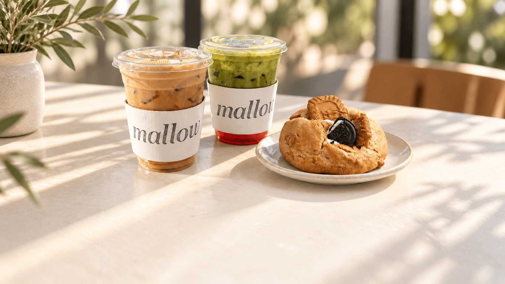 Cafe Mallow iced coffee, strawberry matcha, and an artisan cookie in warm window light.