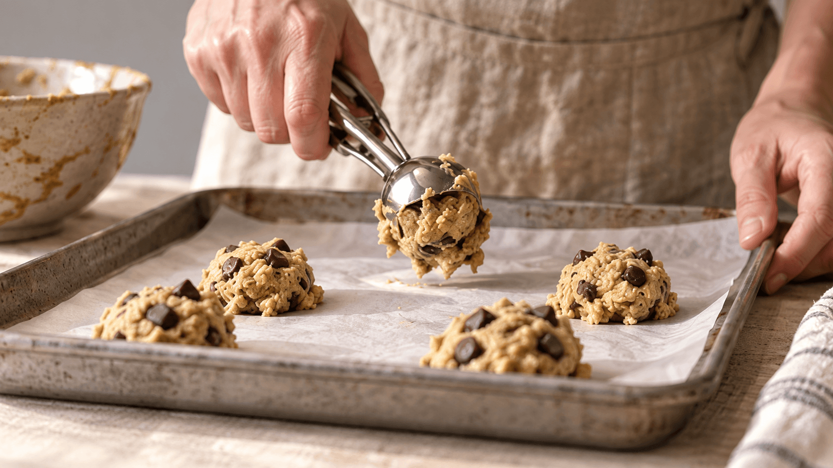 Chocolate chip cookie dough being portioned onto a parchment-lined baking tray.