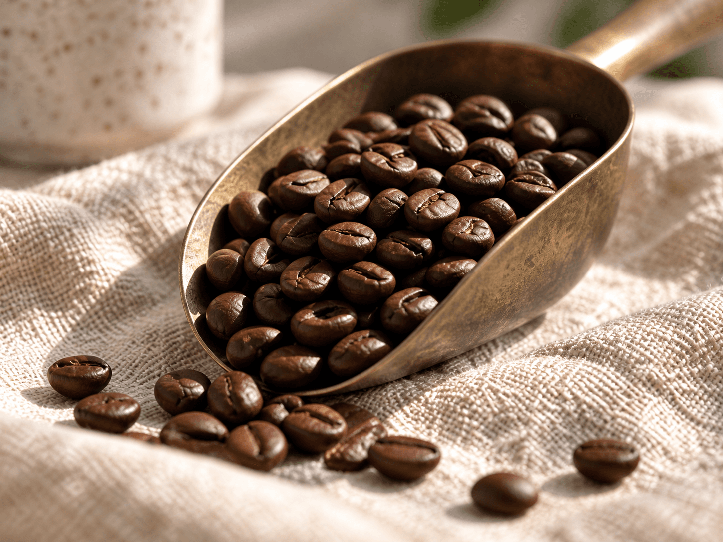 Roasted coffee beans in a brass scoop on natural linen.