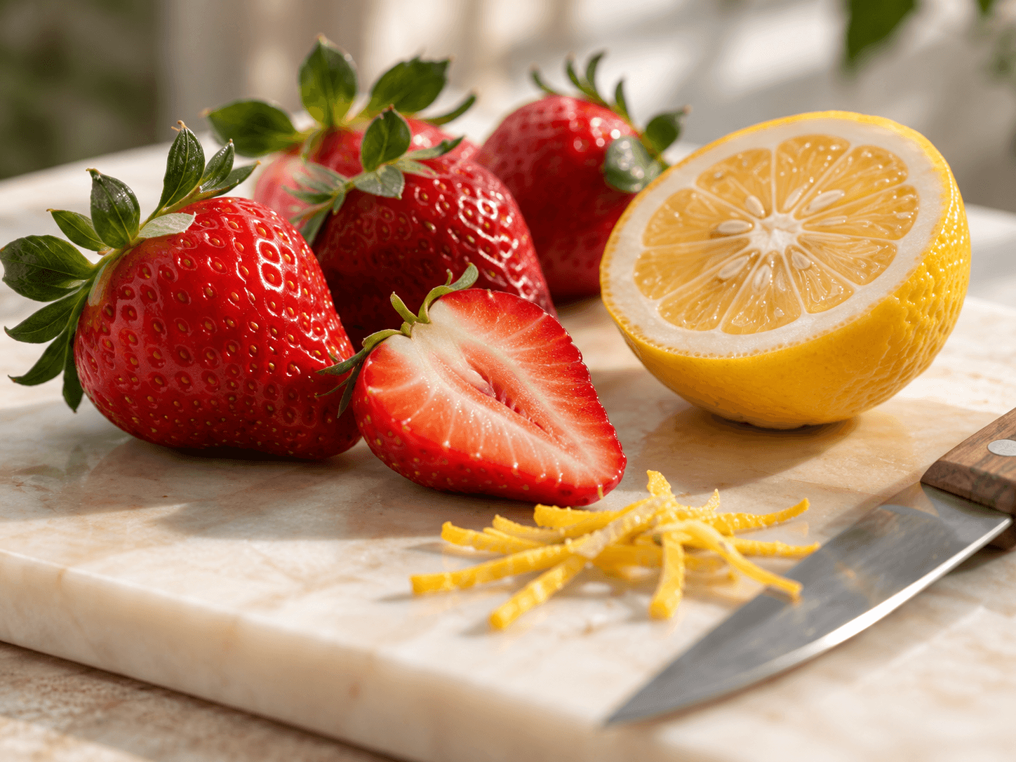 Ripe strawberries and fresh cut citrus in soft daylight.