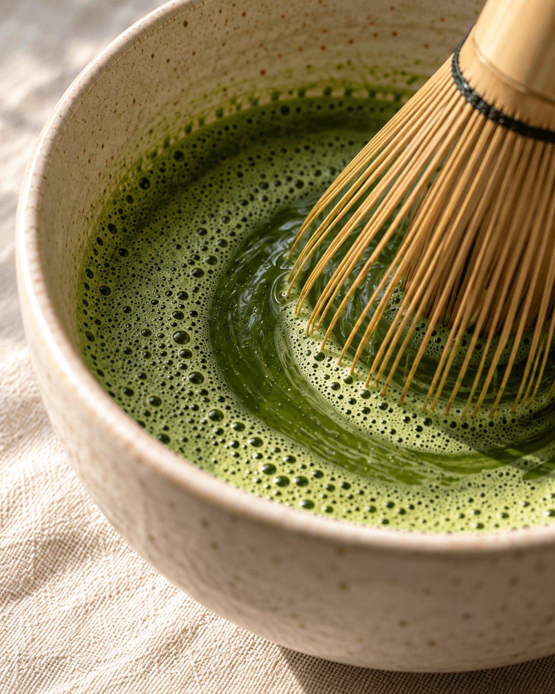 Fresh green matcha and a bamboo whisk in a textured ceramic bowl.