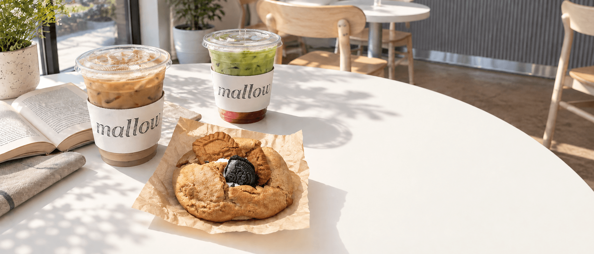 Two Cafe Mallow drinks, a cookie, and an open book on an unoccupied café table.