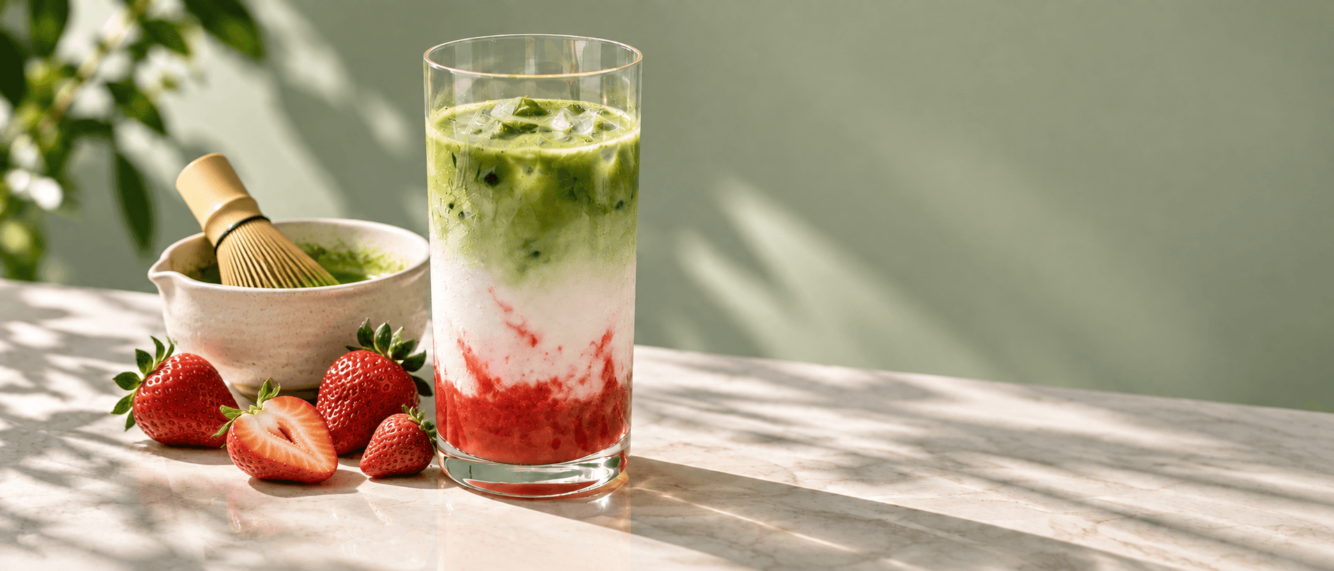 Strawberry matcha latte beside a ceramic matcha bowl, a bamboo whisk, and naturally ripened strawberries.
